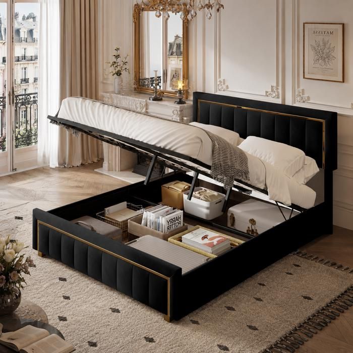 Lit coffre 160x200 avec sommier - Lit double rembourré en velours - Grand espace de rangement - Noir