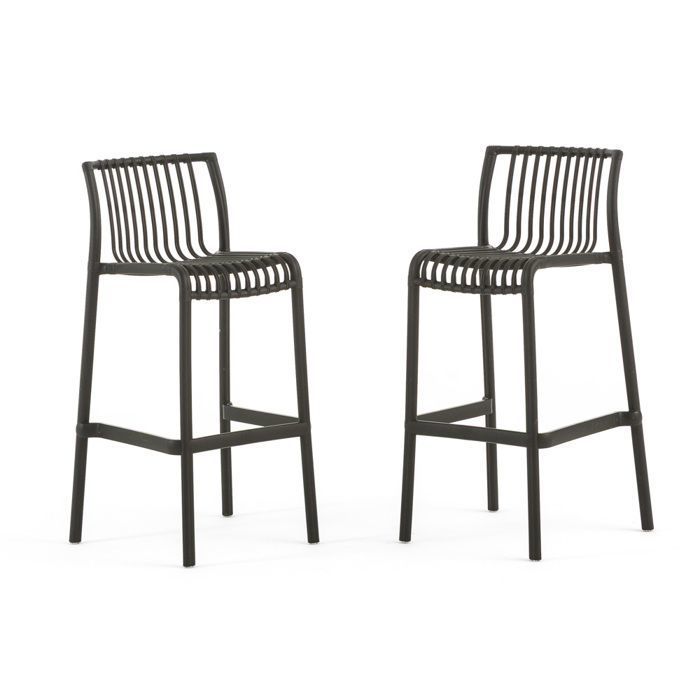 Lot de 2 tabourets hauts d’extérieur empilables en polypropylène légers design bamboo pour bar terrasse jardin Olimpia XL - noir