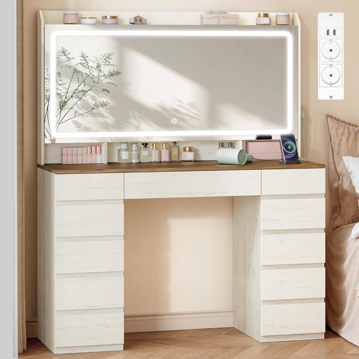 Coiffeuse avec Grand Miroir HD11 Tiroirs 3 Compartiments de Rangement et 1 étagère Supérieure de Chambre Blanc-Brun
