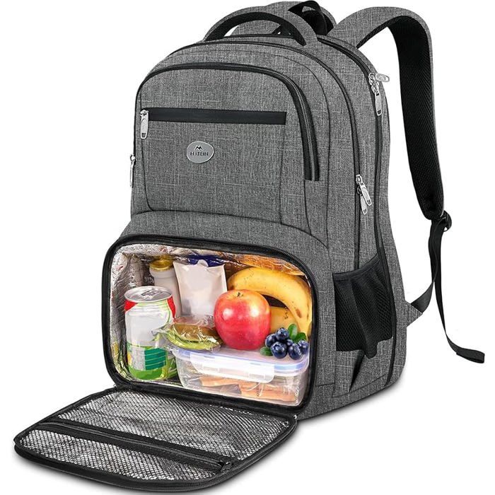 Sac a Dos Ordinateur avec Isotherme Repas PC Ordinateur Portable 17 Pouces Lunch Box Sac a Dos Isotherme Gris