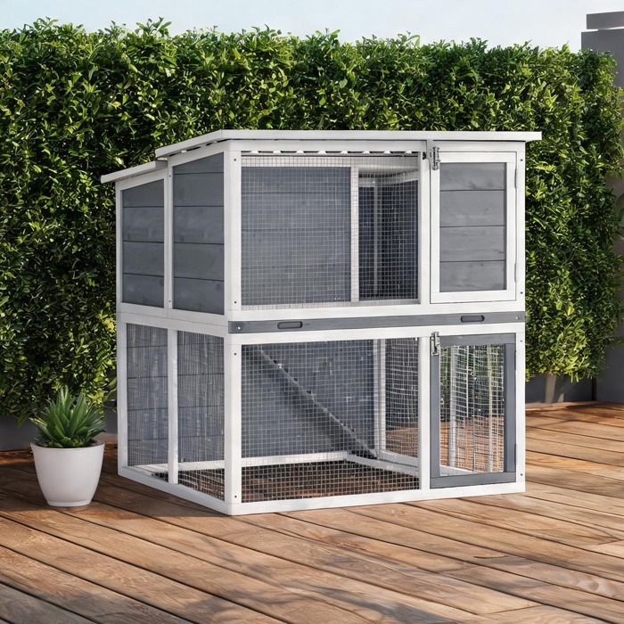 Clapier à lapins 2 étages en bois sapin classique gray avec enclos toit ouvrant et rampe 98x95x102 5 cm