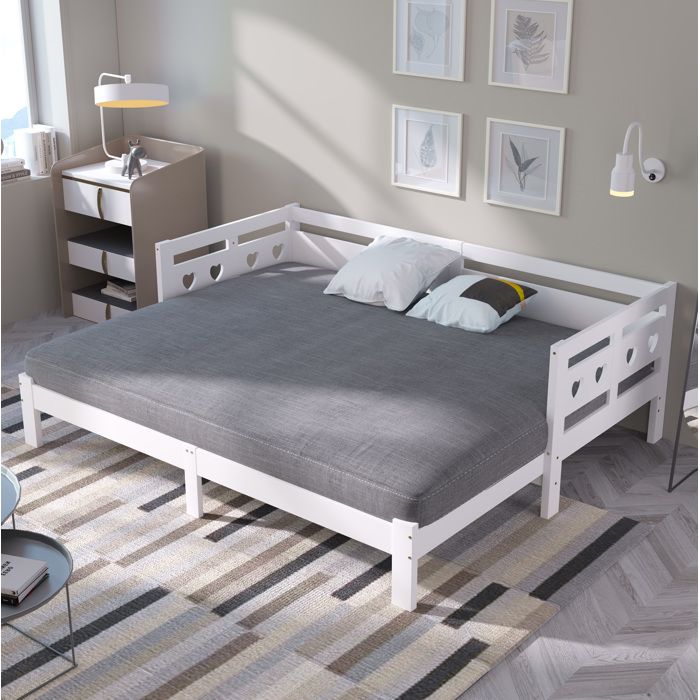 Lit de jour extensible blanc 90 x 200 cm avec 2e couchage pin massif et MDF sommier à lattes inclus