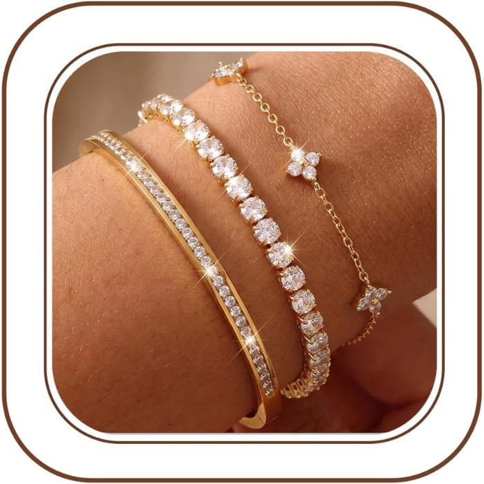 3 Pièces Bracelet Femme Argent Or Bracelet Acier Inoxydable Or Bracelet Argent Plaqué Or 14 Carats Bracelets Empilables Bijo[PP11]