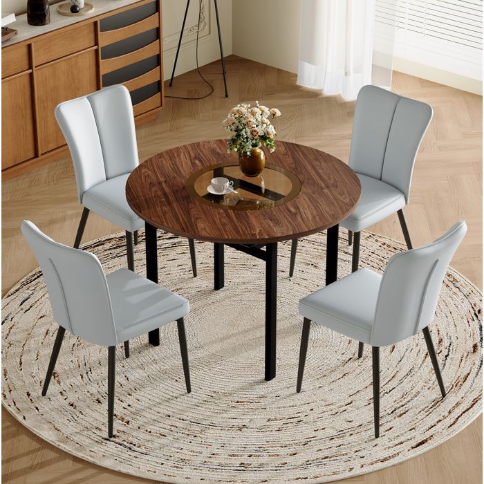 HOMVRA Ensemble table à manger ronde 100 cm avec 4 chaises PU gris clair plateau aspect bois et verre