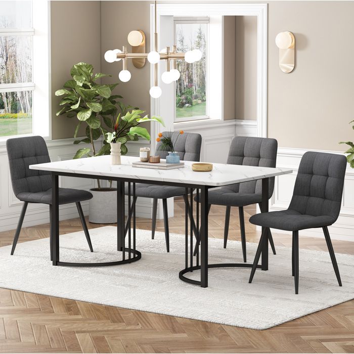 Table de Salle à Manger 4 Personnes avec 4 Chaises Pieds Réglables - ELVMI - MDF Métal Blanc et Gris Foncé 140×80×75 cm