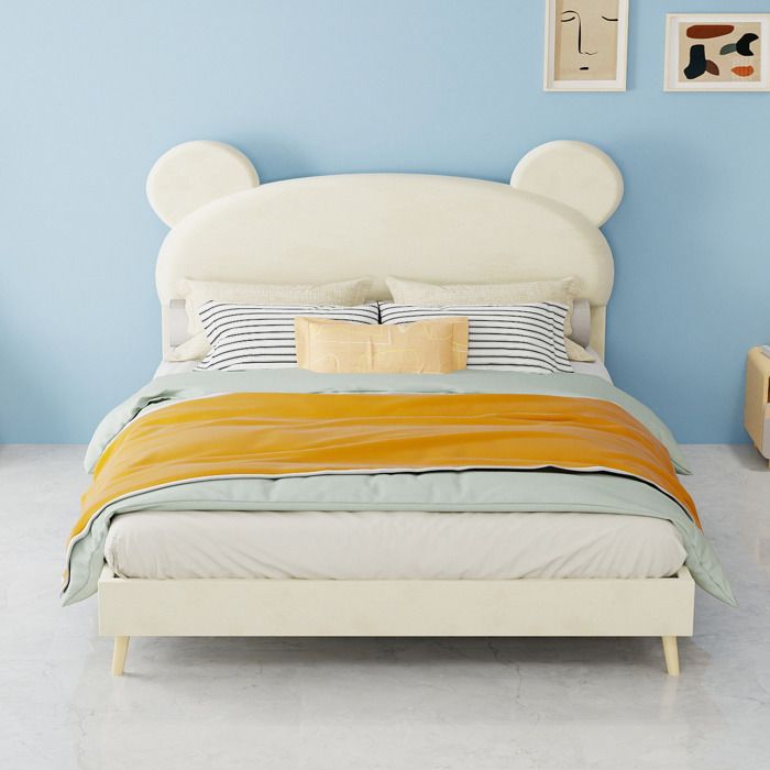 WOVREO lit enfant tapisse 140 x 200 cm beige avec tete de lit ours et matelas a ressorts ensaches 23 cm
