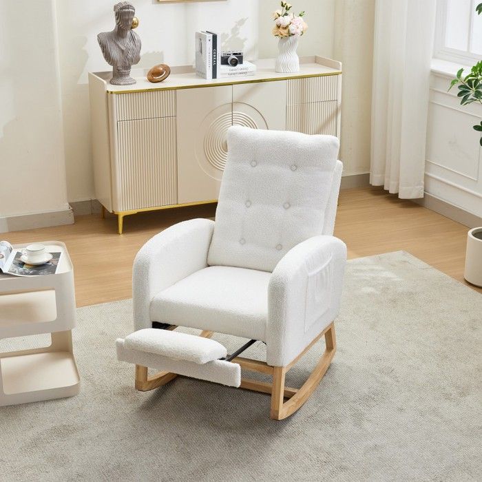 Fauteuil à bascule blanc tissu bouclé USB repose-pied réglable poches salon chambre enfant 66.5x121.5x102cm Fauteuil à bascule blanc tissu bouclé USB repose-pied réglable poches salon chambre enfant 66.5x121.5x102cm