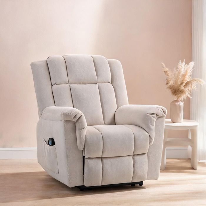 Fauteuil inclinable 1 place massant et chauffant en tissu chenille beige 85x91x104 cm