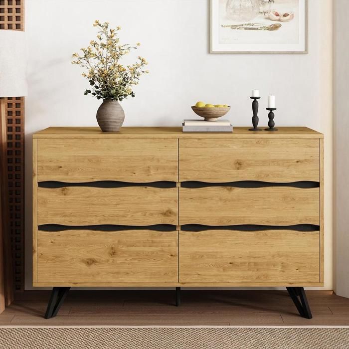Commode - KOMHTOM - moderne - 6 tiroirs - 120x40x75.5 cm - pieds métal noirs Commode - KOMHTOM - moderne - 6 tiroirs - 120x40x75.5 cm - pieds métal noirs