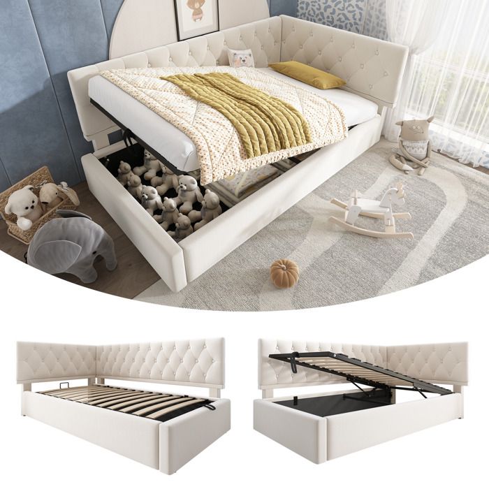 Lit coffre rembourré 90×190 cm hydraulique tête de lit capitonnée coffre et lattes - LPOSPI - sans matelas velours beige