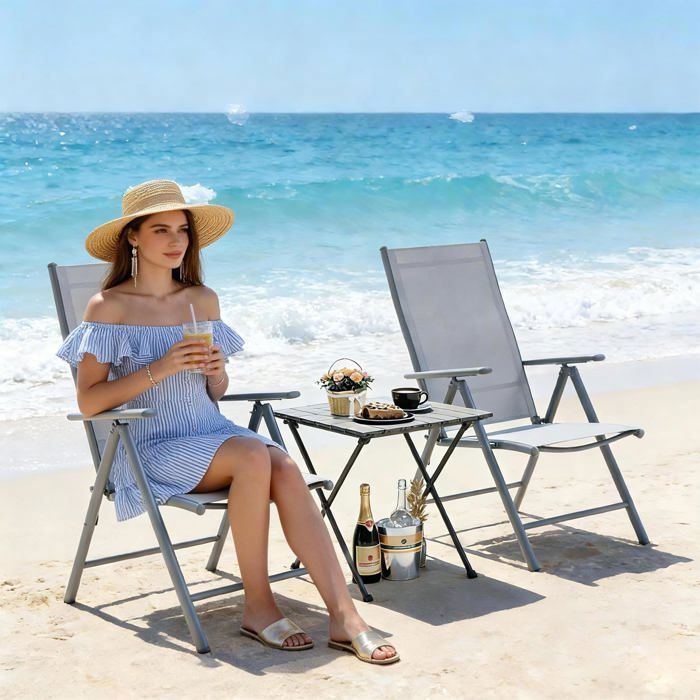Chaises Jardin Pliantes Lot 2 – Inclinable Métal Tissu Respirant – Résistantes – Balcon Terrasse