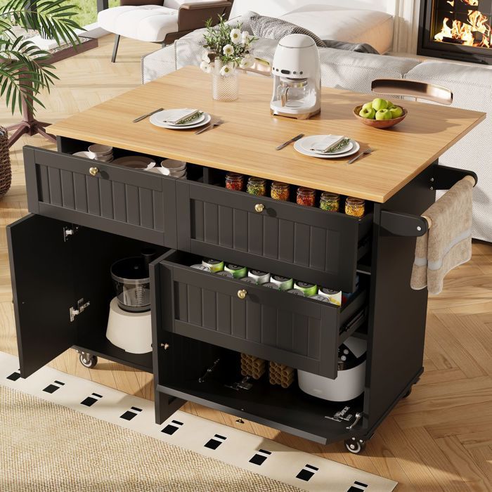 Buffet bas multifonction - SOGEU - Îlot de cuisine 133 cm - Noir - MDF & métal - Portes 3D roulettes