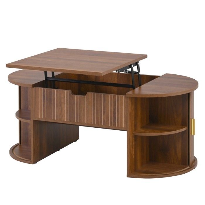 Table basse relevable effet noyer en MDF avec portes coulissantes et étagères ouvertes