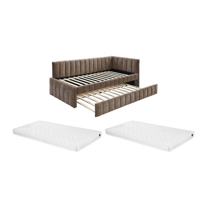 Lit banquette avec tiroir gigogne 90 x 190 cm - Tissu - Marron + Matelas - BAVOK