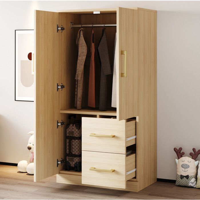 Armoire de chambre double porte avec 2 tiroirs 70 x 40 x 135 cm bois naturel enfant adolescent JOINERY
