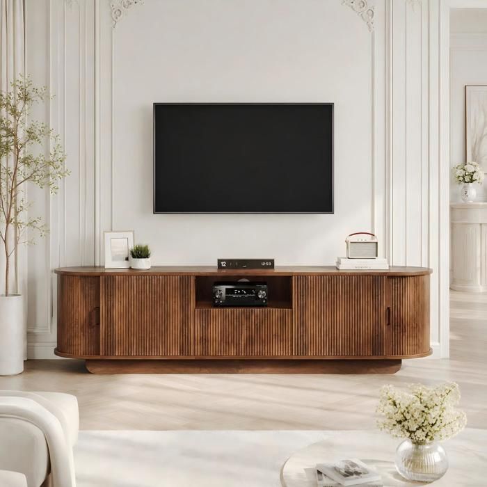 Meuble TV Bas Ulsam 180 cm Portes Coulissantes Relief Ondulé 3D Tiroir Niche Ouverte Rangement Salon