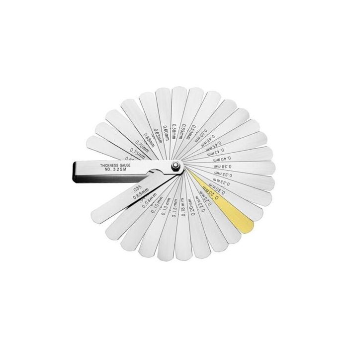 Jauge dépaisseur 32 lames en acier inoxydable – Épaisseurs 0.04 à 0.88 mm – Pour mécanique auto/moto et instruments de musique Jauge dépaisseur 32 lames en acier inoxydable – Épaisseurs 0.04 à 0.88 mm – Pour mécanique auto/moto et instruments de musique