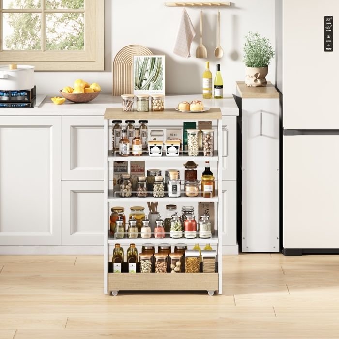 Desserte rangement sur roulettes - ZEVKOR - 55×16×85 cm - 4 étagères réglables - Ultra-fin 16 cm - MDF blanc