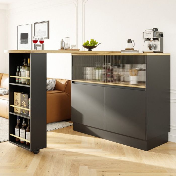 Zitty Îlot de Cuisine Pivotant 360° Meuble Bar Moderne avec Portes en Verre 90x45x100cm MDF Blanc et Bois