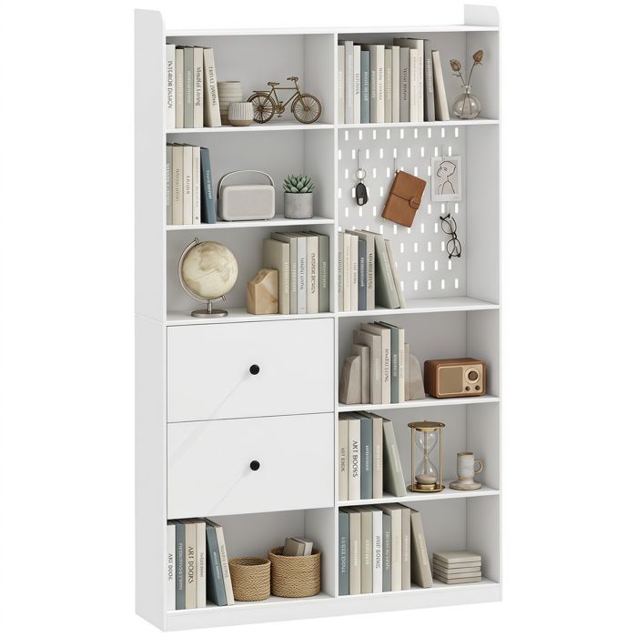 Étagère Bibliothèque 6 Niveaux 120 x 30 x 200 cm 2 Tiroirs Panneau Perforé Blanc