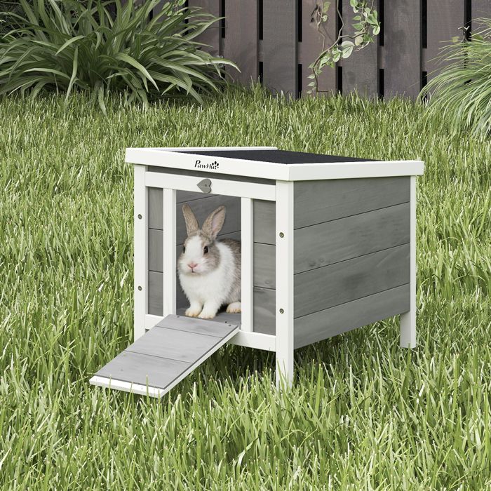 Clapier en bois extérieur - 42 x 51 x 43 cm - porte convertible en rampe - toit bitumé ouvrant - base surélevée