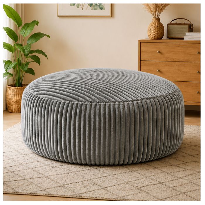ROVRYN Pouf poire rond 6FT 143 x 143 x 55 cm velours côtelé gris clair mousse à mémoire de forme