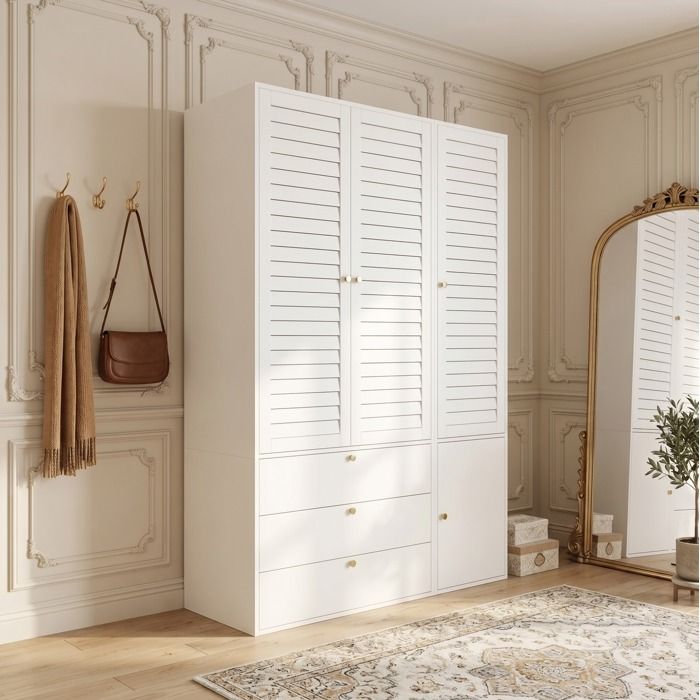 Armoire de chambre blanche 3 portes à lames 3 tiroirs 2 penderies porte-pantalons 135 x 50 x 200 cm