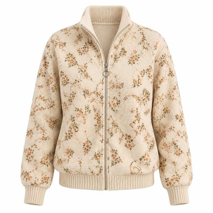 ENSEMBLE DE VETEMENTS DE SPORT Veste hiver femme doublée polaire matelassée col montant 1XL-5XL coupe-vent motif petites beige