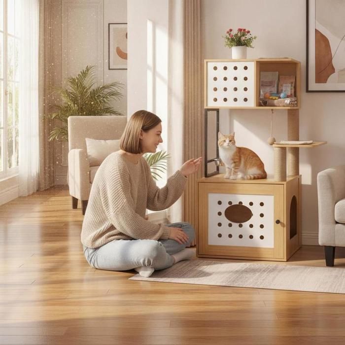 Gain de Place Tout-en-Un Meuble Arbre à Chat avec Litière Cachée Ventilée Niche Poteaux Sisal et Gamelle Surélevée
