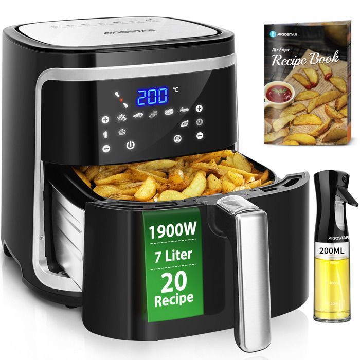 Friteuse &agrave; air chaud Aigostar Cube - 1900W, grande capacit&eacute; de 7L - 8 programmes, maintien au chaud