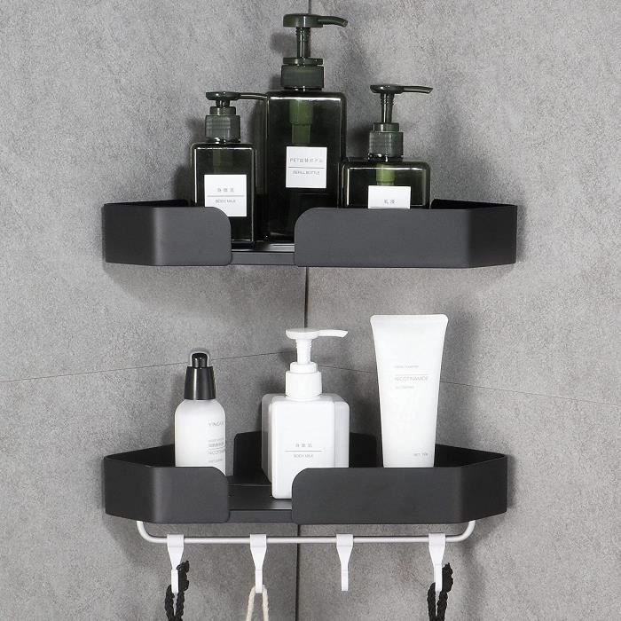 2 étagères De Douche D'angle Sans Perçage - Acier Inoxydable Noir - 8 Crochets Inclus - Adhésif Puissant - 40lbs De Charge