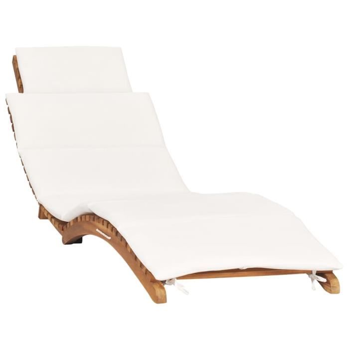transat chaise longue bain de soleil lit de jardin terrasse meuble d exterieur pliable avec coussin blanc creme bois de