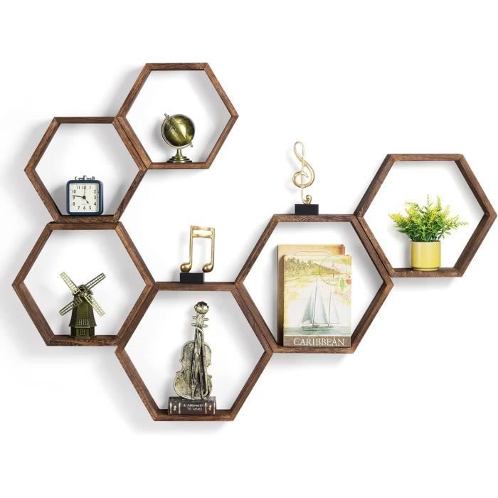 étagères murales hexagonales en bois pour maisons de ferme - hexagon lot de 6 - marron - bois massif - 18 cm