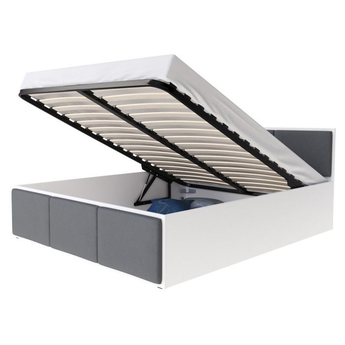 Lit coffre 140x190 cm Panama T - Tête de lit - Coffre 740 L - Sommier inclus - Blanc - Gris foncé Lit coffre 140x190 cm Panama T - Tête de lit - Coffre 740 L - Sommier inclus - Blanc - Gris foncé
