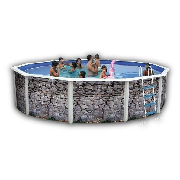 TOI Piscine hors sol en acier circulaire / ronde 350 x 120 -  - Pierre Grise - Filtre &agrave; sable - Skimmer - &Eacute;chelle 