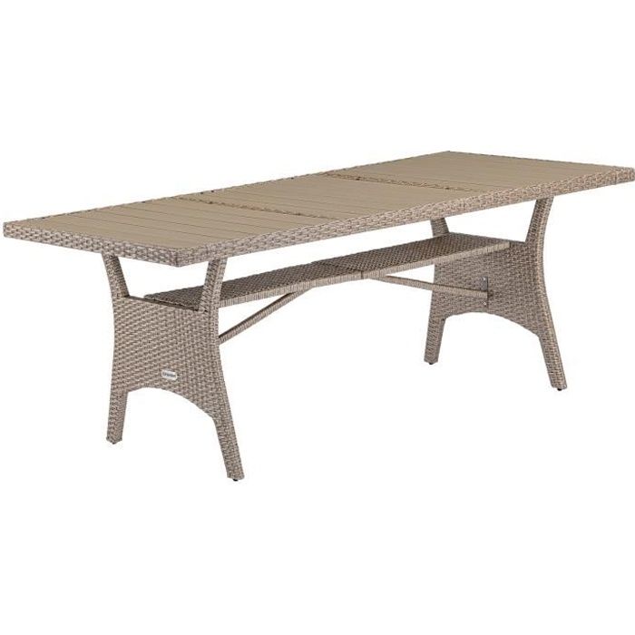 table de jardin crème en polyrotin plateau en bois composite avec compartiment hauteur réglable résistant aux intempéries