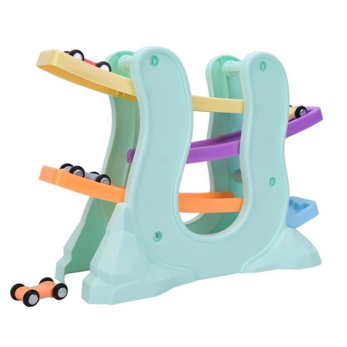 HERSITY Rampe De Voiture En Bois – Circuit 4 Niveaux Avec 4 Mini Voitures – Support Animaux Colorés – Motricité Fine – Cadeau 2-4 Ans
