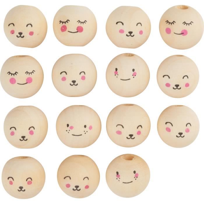 Figurine miniature - Folia - Perles en bois avec visage Cute Faces -15 pièces