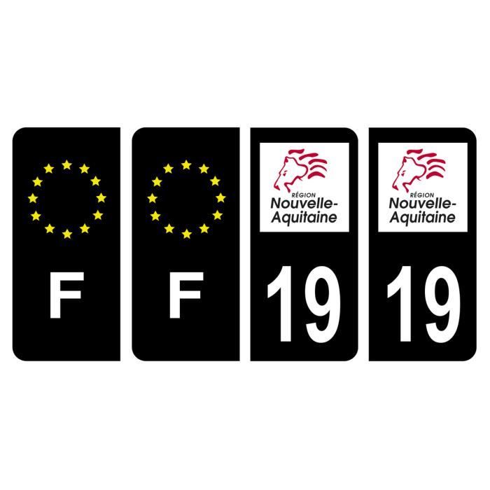 Lot De 4 Autocollants Département 19 Corrèze Pour Plaque D'Immatriculation - Noir & F, Dimensions Officielles
