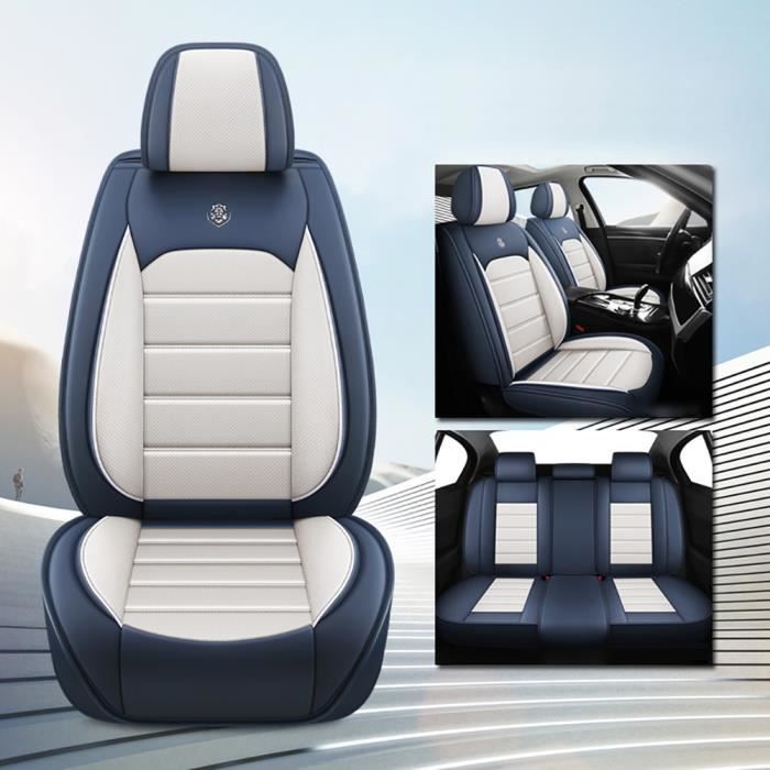 Housse de siège auto universelle en cuir PU pour siège avant et arrière pour protéger siège de voiture Bleu et blanc