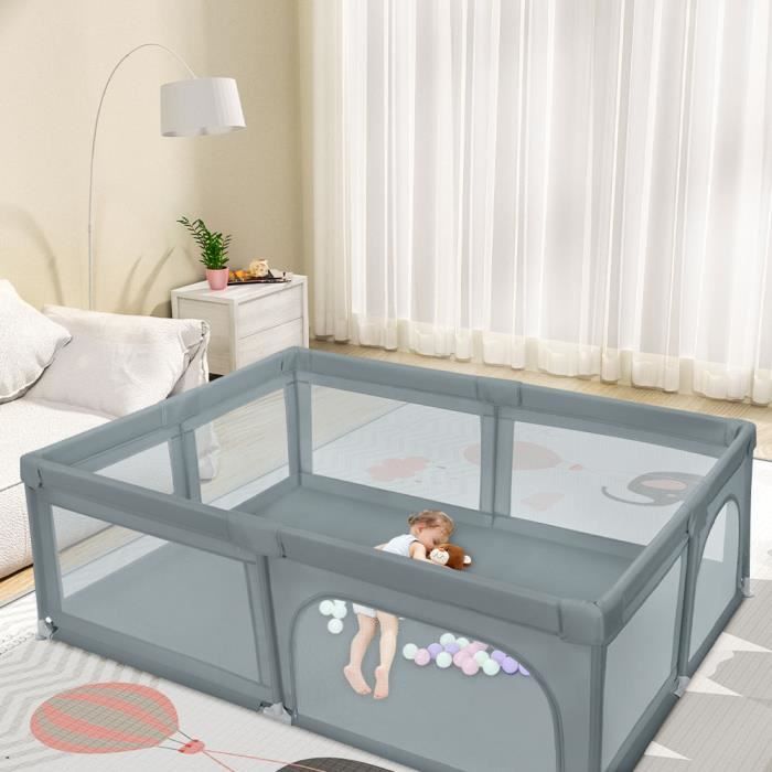 Parc Bébé Homewell 127x127 Cm - Tissu Oxford 210T épais, 2 Entrées Latérales Zippées - Hauteur 68 Cm, Gris - Inclus Tapis De Sol Et Sac De Rangement