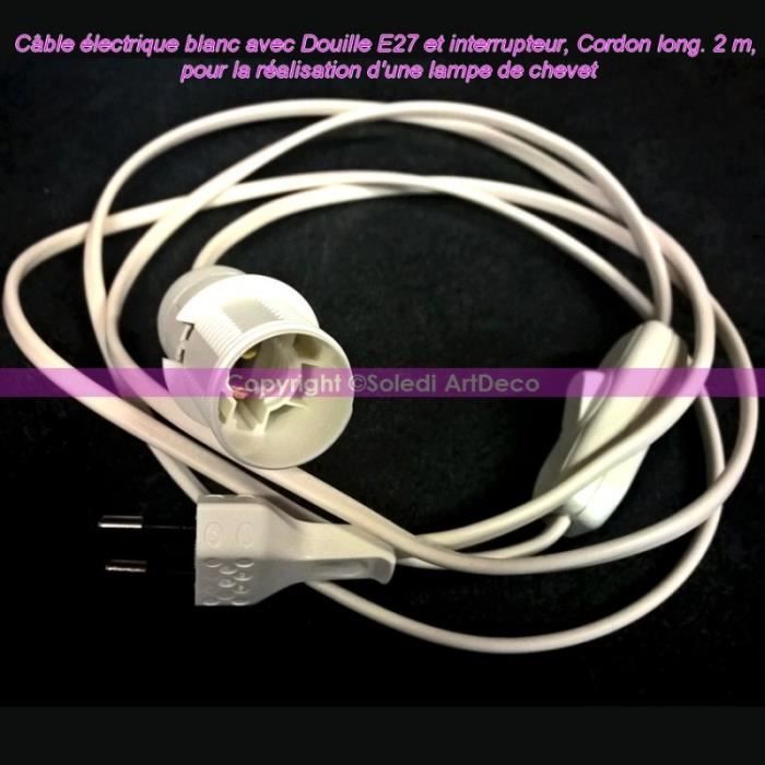 Câble électrique blanc avec Douille E27 et interrupteur, Cordon long. 2 m, pour la réalisation d'une lampe de chevet - Unique