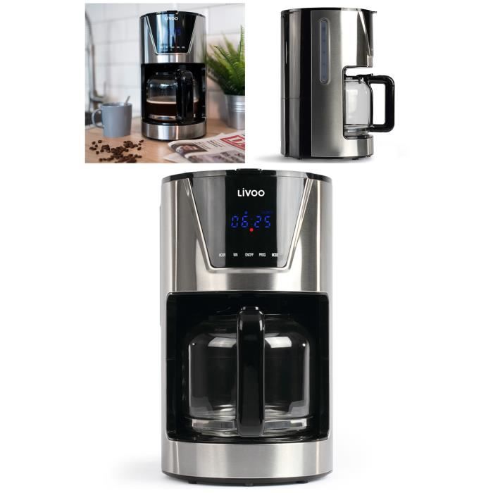 Cafetière programmable Machine à café 1L5 INOX GRISE 900W 12-tasses-minuteur LCD de 24-heures-acier inoxydable haute qualité