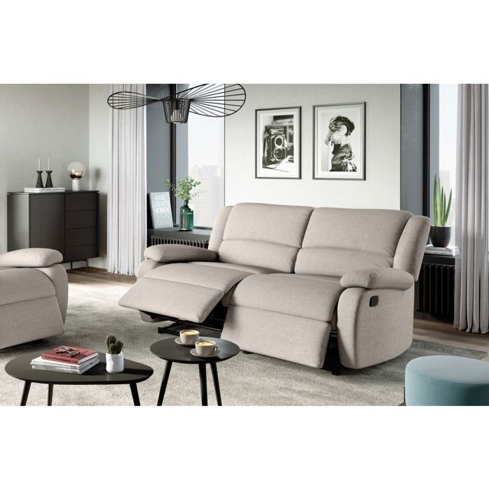 Canapé relax manuel 3 places avec 2 assises XXL LEO en tissu - Beige - L193 x P93 x H96cm - LOUNGITUDE Canapé relax manuel 3 places avec 2 assises XXL LEO en tissu - Beige - L193 x P93 x H96cm - LOUNGITUDE