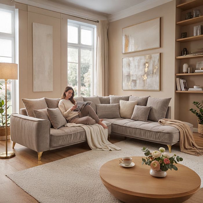 Canapé angle gauche Altamo en velours beige - 4 places Canapé angle gauche Altamo en velours beige - 4 places