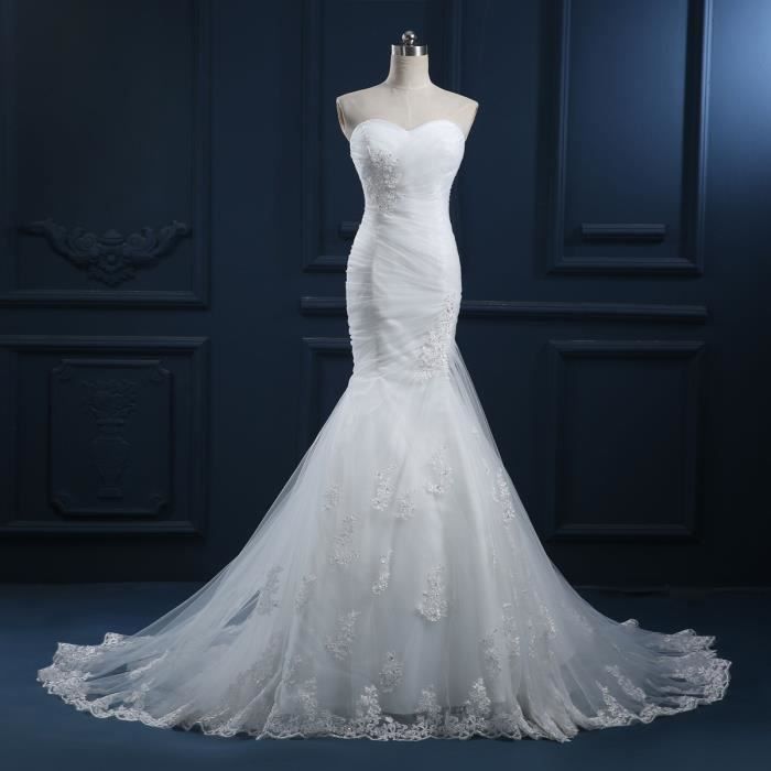 Robe De Mariée Mariage Longue Traîne Bustier En Cœur Sirène Tulle Dentelle Applique Avec Perle Plissé Dos Nu Haute Couture Blanc