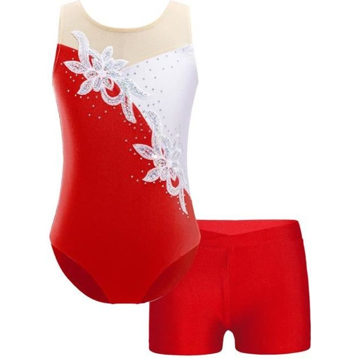 RUNQHUI Enfant Fille Justaucorps De Gymnastique Short Strass Brillant Ensemble Tenue Patinage Artistique Danse Spectacle, A Noir, 13-14 Ans