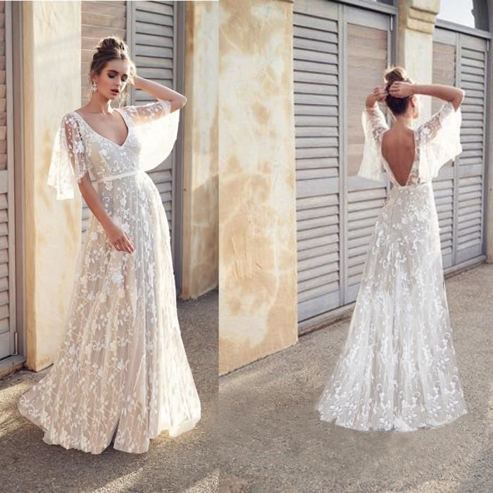 Robe de soiree longue en dentelle brodee a col en V pour femmes Blanc Cdiscount Pret a Porter
