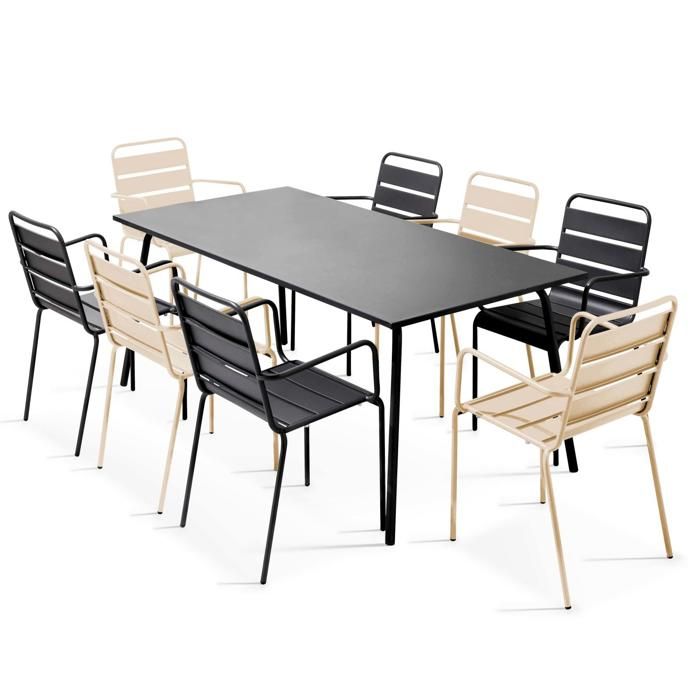 Ensemble table de jardin et 8 fauteuils en métal ivoire et gris Palavas Oviala