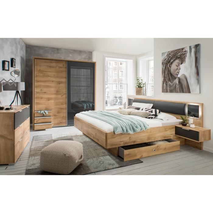 Chambre à coucher complète adulte Angele (lit 180x200 cm King Size + 2 chevets + armoire + commode) imitation chêne poutre